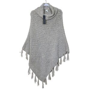 Italian Wool Blend Ivory Gray Knit Cowl Poncho Vanilla Clean Girl Lux Oversized